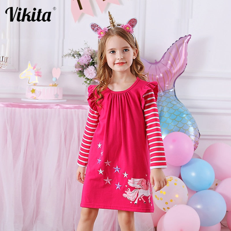 VIKITA, vestido a rayas para niñas, Vestidos de unicornio para niñas, ropa para niños pequeños, vestido informal de algodón, Vestidos de manga larga de otoño para niños