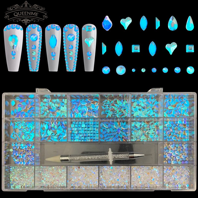 21 Grids Crystals Diamonds Nail Rhinestones Set 3100pcs FlatBack Rhinestones Kit Sparkling Nail Art With 1 Pen For Decorations