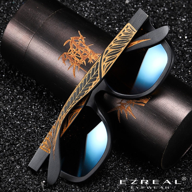 Promoción EZREAL, gafas de sol de madera de bambú 100% para hombre y mujer, gafas con revestimiento de espejo, lentes UV 400 en caja de madera