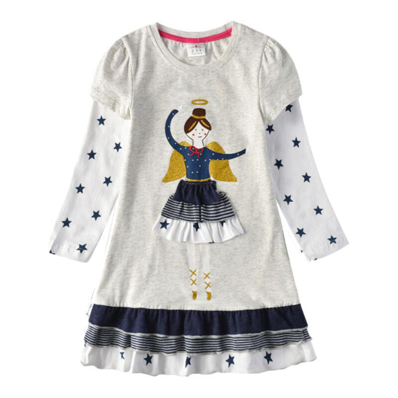 DXTON Winter Kids Dresses For Girls Flying Sleeve Unicorn Children Dress Star Stripe Toddler Cotton Clothing Causal Girls Dress