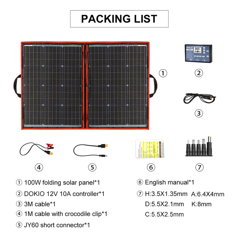Dokio 100w(50Wx2pcs) Flexible Foldble Mono Solar Panel For Travel &amp; Boat &amp; RV High Quality Portable Solar Panel China