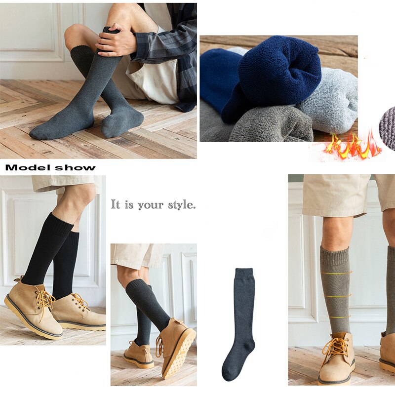 6PCS=3Pairs Men's Winter Compression Stocking Warm Hot Knee High Long Leg Terry Socks Cotton Thicken Cover Calf Socks Size 38-44