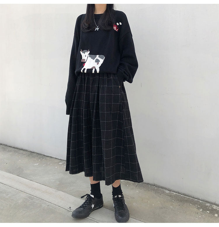 2 Farben japanischer Stil hohe elastische Taille Lange Röcke Frau 2019 Herbst Winter Plaid A-Linie Faltenröcke Damen (X1078)