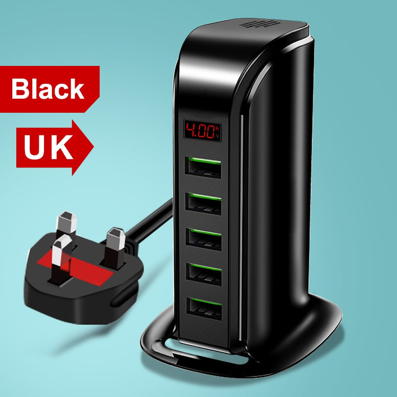 Elough 5 puertos USB cargador HUB pantalla LED Multi USB estación de carga Dock Universal teléfono móvil escritorio pared hogar UE EE. UU. Reino Unido enchufe