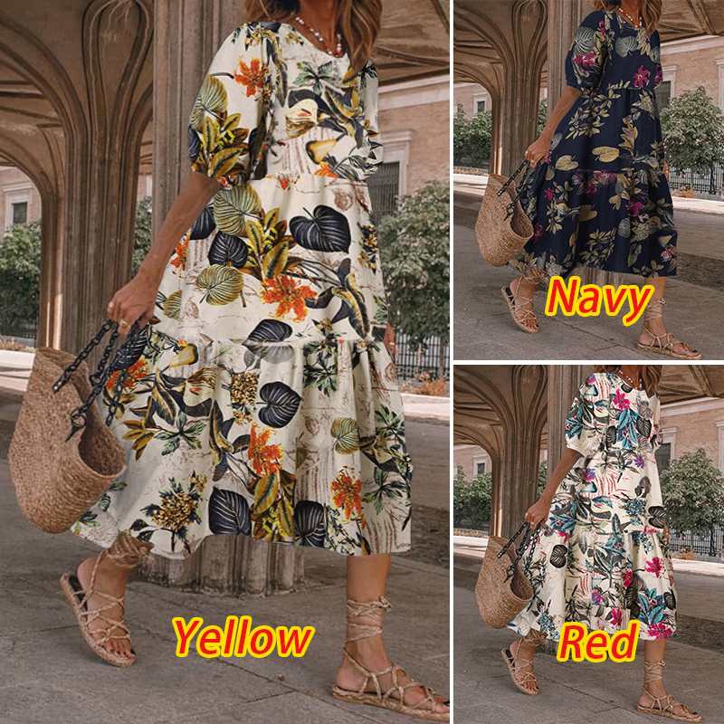 Sommer Midikleid Damen Partykleid Bohemian Kurzarm Sommerkleid Blumenbedrucktes Kleid VONDA Casual Robe Femme