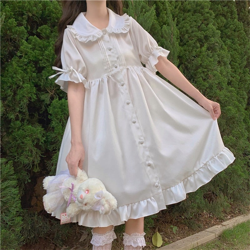 Dulce chica japonesa Lolita Drees Kawaii Peter Pan Collar Cute Ruffle Puff Sleeve Drees Color sólido Elegante Retro Lady Drees