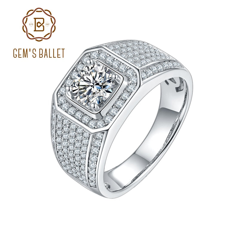 GEM'S BALLET 925 Anillo de moissanita de plata esterlina para hombres 1.0ct 2.0ct 3.0ct Pave Set Moissanite brillante Anillo de moissanita para hombres