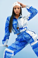 Bandana Print Two Piece Set Causal Paisley Print Long Sleeve Zippers Short Jacket Tops Jogger Pants Suit Outfit Street Tracksuit