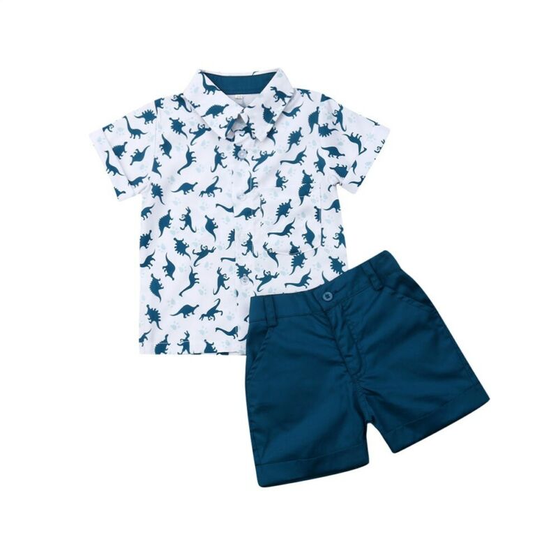 lioraitiin 1-6Years Kids Clothes Set Baby Boy Dinosaur Turn-down Collar Short Sleeve T-shirt Pant 2Pcs Casual Summer Clothes Set