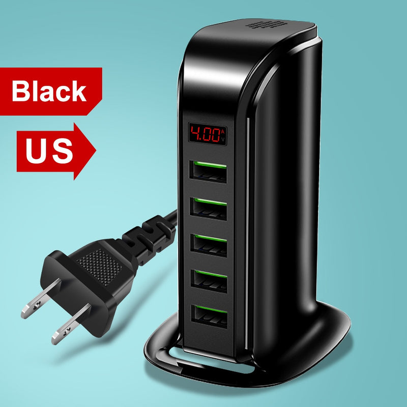 Elough 5 Port USB Charger HUB LED Display Multi USB Charging Station Dock Universal Mobile Phone Desktop Wall Home EU US UK Plug