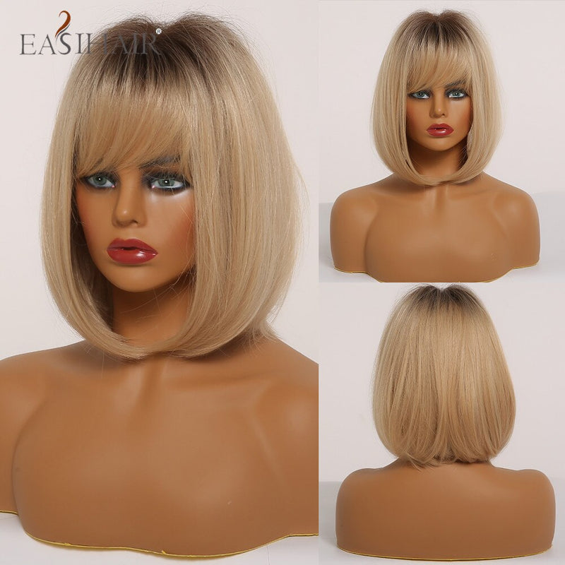 EASIHAIR marrón oscuro corto BoBo pelucas con flequillo resistente al calor pelucas de pelo sintético Cosplay Lolita pelucas femeninas para mujeres