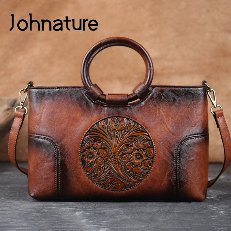 Johnature, bolso de cuero de alta calidad para mujer, novedad de 2022, bolsos de hombro en relieve hechos a mano Retro, bolso de mensajero femenino de gran capacidad