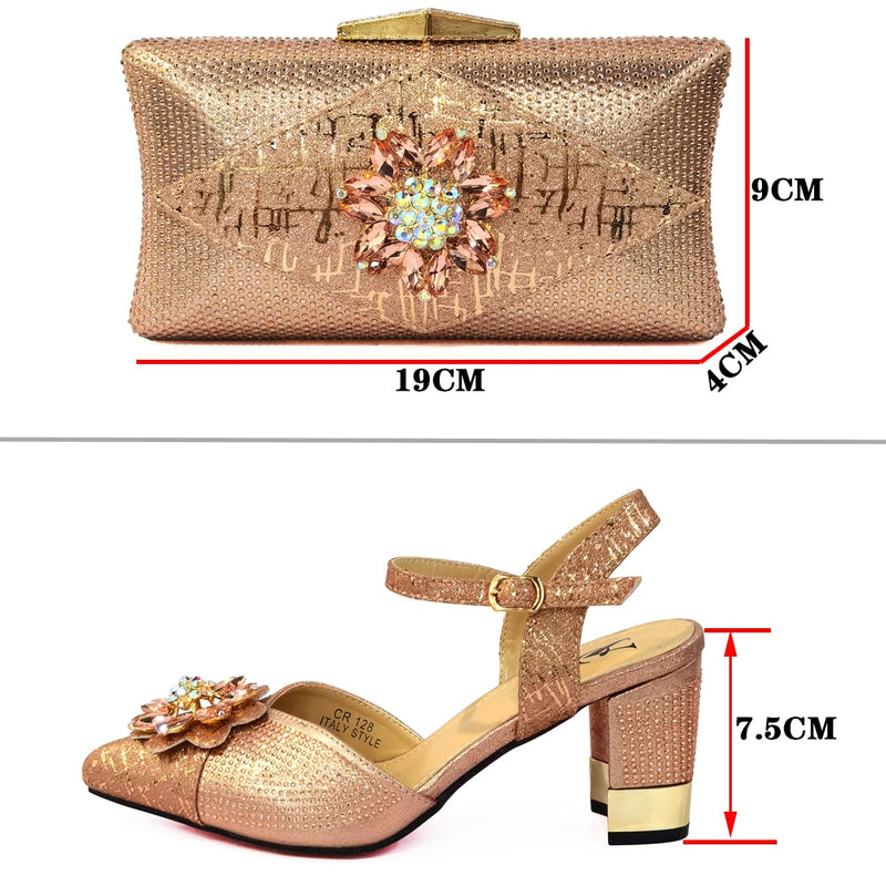 Zapatos y bolsos italianos para combinar con zapatos con conjunto de bolsos decorados con diamantes de imitación, conjunto de zapatos de boda para mujeres nigerianas, bolso para fiesta de boda