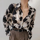 Cow Print Button Up Shirts Women Long Sleeve Blouse Korean Fashion Clothes Chiffon Streetwear Plus Size Tops Spring New 13486