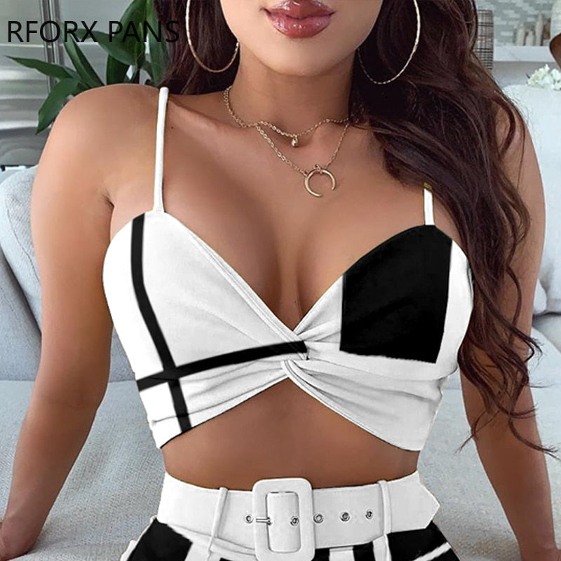 Colorblock Spaghetti Strap Twisted Top &amp; Shorts Set Women Suit