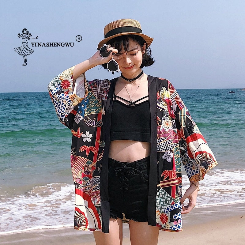 Yukata Women Kimono Cardigan Japan Kimonos Asia Clothes Summer Fish Print Shirt Top Casual Kimonos Kawaii Kimono Cosplay Costume