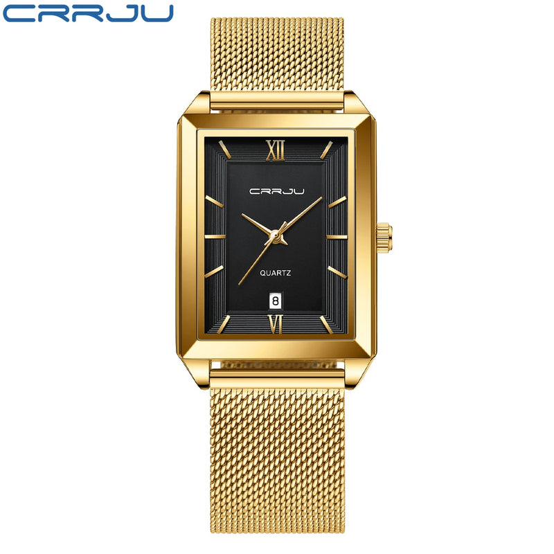 CRRJU Watch Men Top Brand Luxury Square Golden Quartz Stainless Steel Waterproof Wrist Watch Relogio Masculino