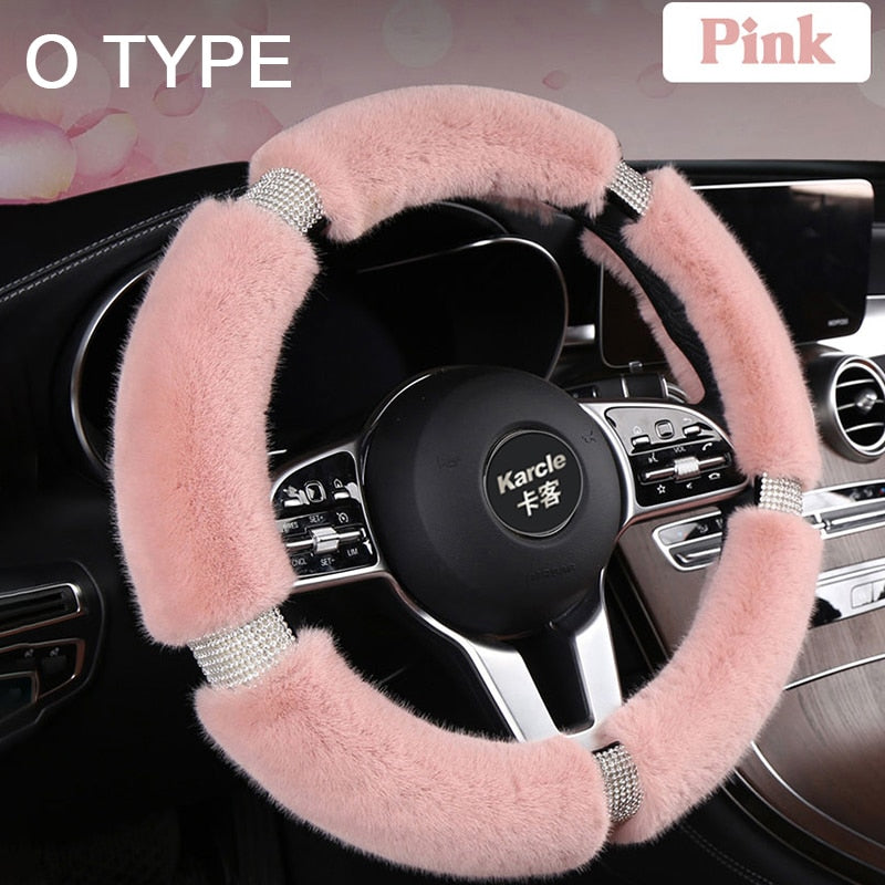 Karcle Fluffy Steering Wheel Cover with Bling Rhinestones Diamond Fur Furry Car Steering Covers Universal 38cm For Women Girl