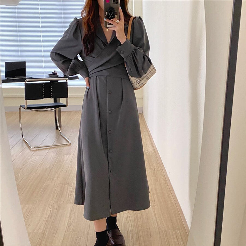 HziriP muescas de un solo pecho mujeres traje vestido nuevo minimalista otoño vestido elegante OL manga larga sólido Vestidos largos Vestidos