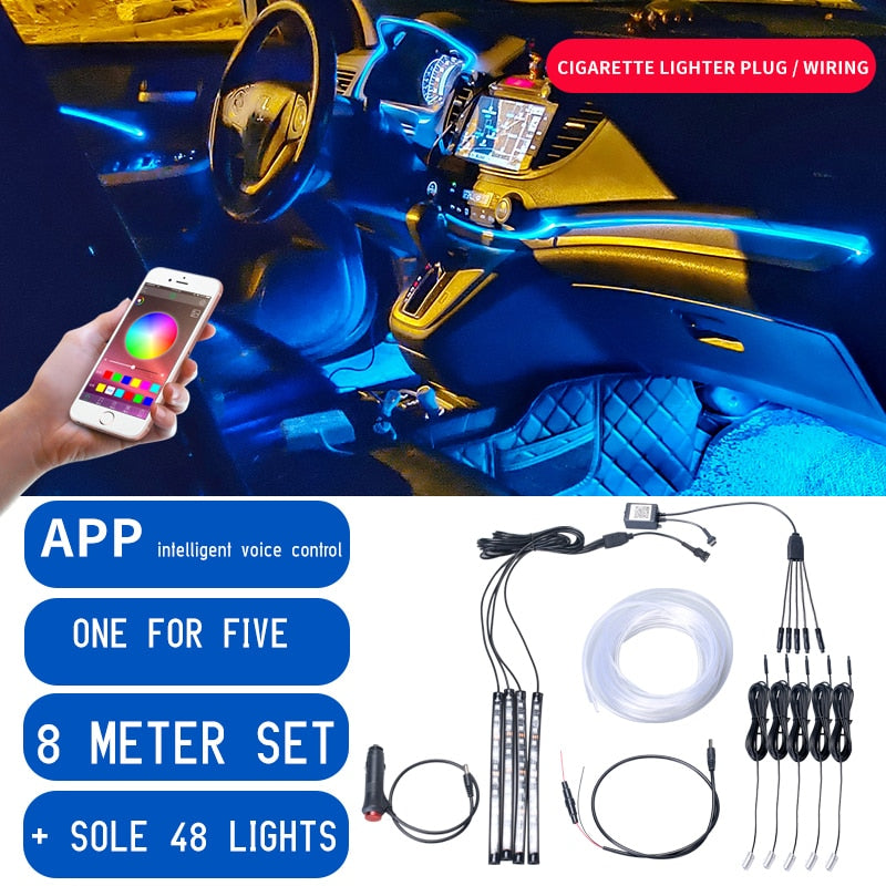 8M RGB Fiber Optic Car Interior Decorative Ambient Light App Sound Control LED Strip Cigarette Lighter Auto Atmosphere Lamp 12V