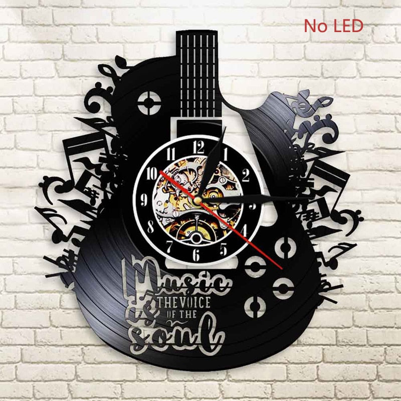 Reloj de pared LED con disco de vinilo, diseño moderno, tema musical, reloj de guitarra, reloj de pared, decoración del hogar, instrumentos musicales, regalo para el amor musical