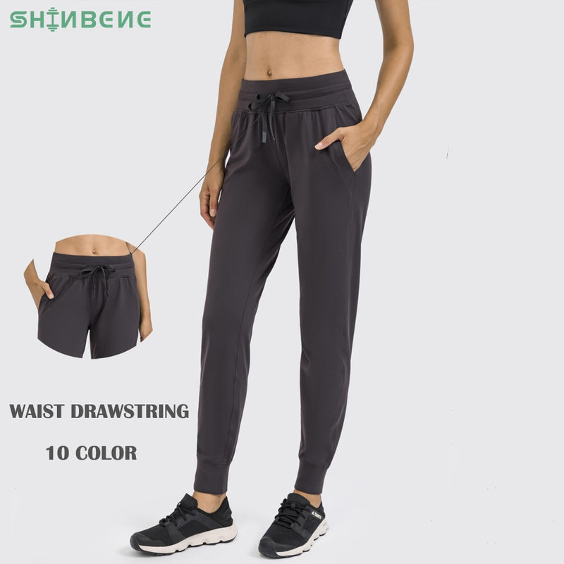 SHINBENE Naked Feel Fabric Workout Sport Joggers Pants Women Waist Drawstring Fitness Running Sweatpants with Two Side Pocket