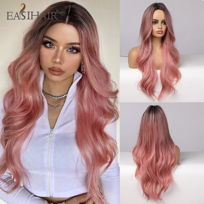 EASIHAIR Long Wavy Brown Synthetic Wigs With Blonde Highlights Cosplay Natural Hair Wigs High Temperature Fiber For Black Women