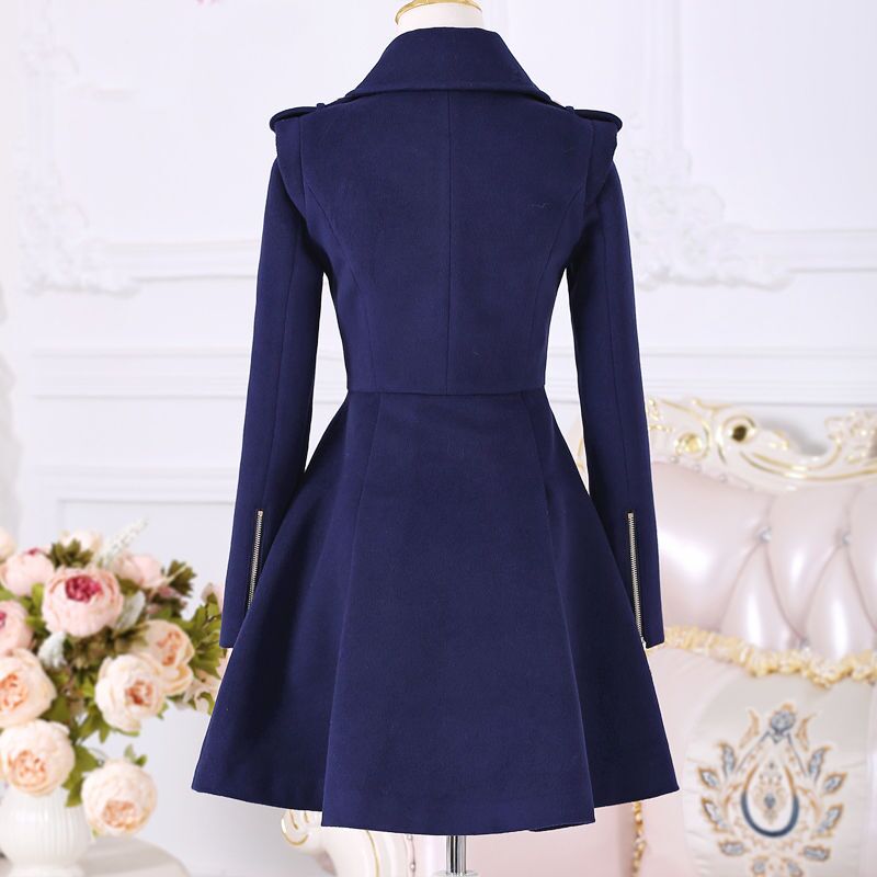 2022 Autumn Winter Women Coats Dark Blue Lady Clothing Zipper Woolen Coat Mid-length Slim