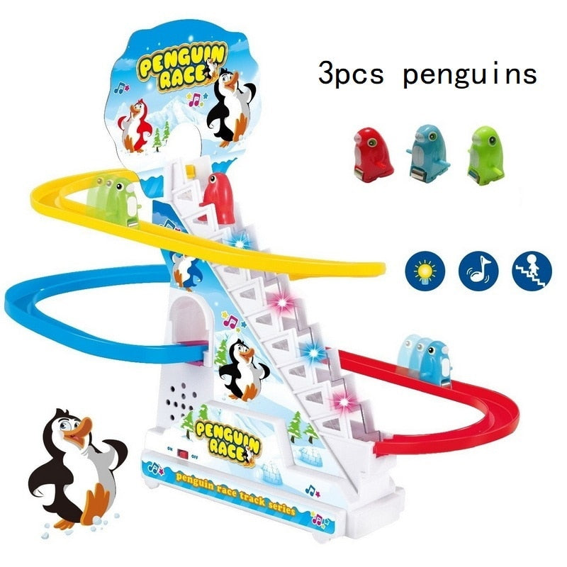 Escalada escaleras pista juguetes dibujos animados pingüino dinosaurio perro pato para niños música electrónica niños divertidos niños niñas regalo de cumpleaños