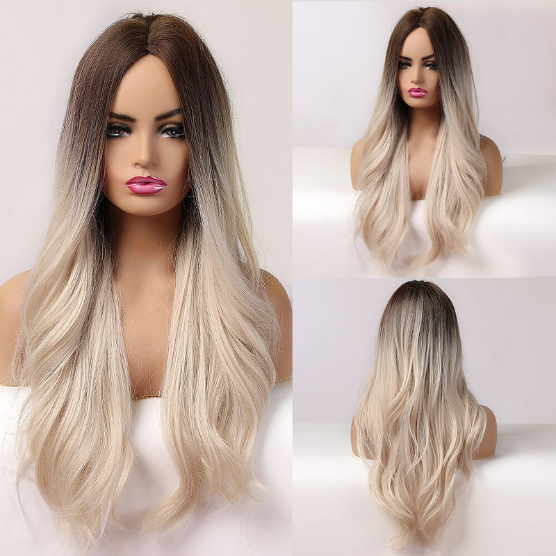 GEMMA Long Wavy Natural Middle Part Synthetic Wig Women Fake Hair Heat Resistant Black Brown Blonde Red Highlight Cosplay Wigs