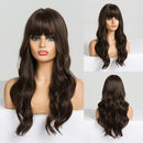 GEMMA Synthetic Long Wavy Dark Brown Golden Highlight Wig for Black Women African American Cosplay Wig with Bangs Heat Resistant