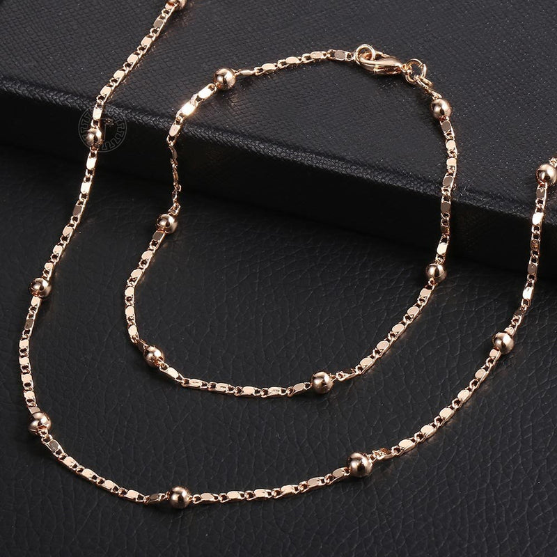 Thin 585 Rose Gold Jewelry Set for Women Marina Bead Link Chain Bracelet Necklace Set Woman Party Wedding Jewelry Gifts CS09