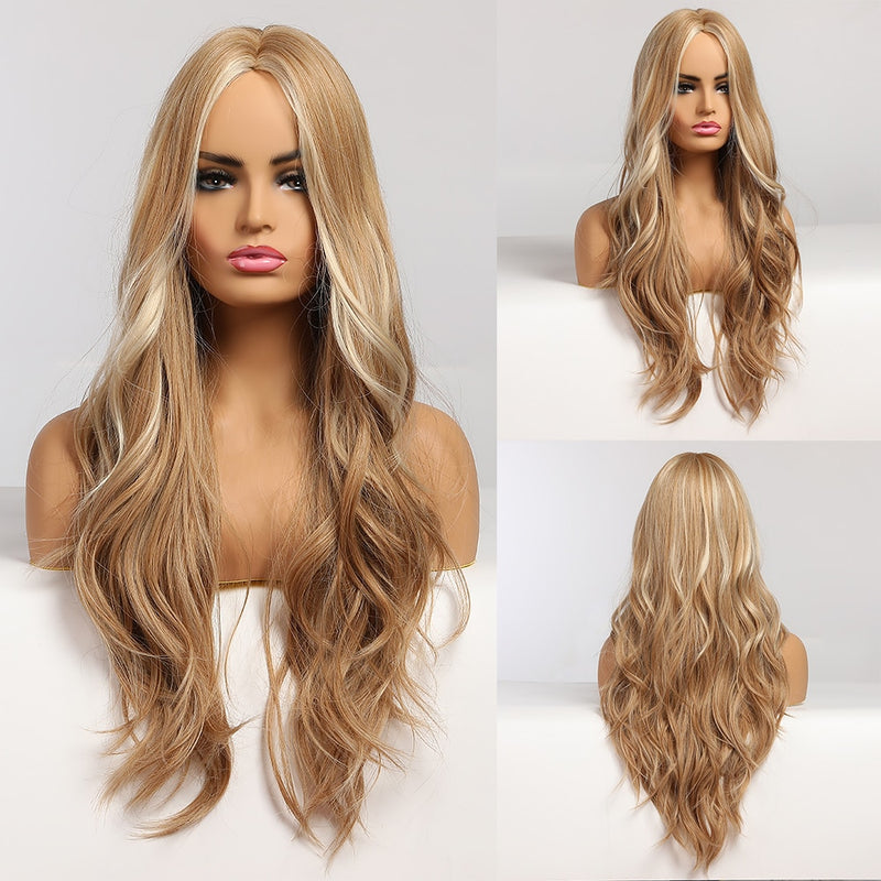 GEMMA Long Wavy Natural Middle Part Synthetic Wig Women Fake Hair Heat Resistant Black Brown Blonde Red Highlight Cosplay Wigs