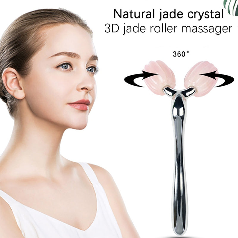 3D Jade Roller Massager for Face Rose Quartz Natural Stone GuaSha Beauty Facial Roller Face Thin Lift Anti Wrinkle Face Massager