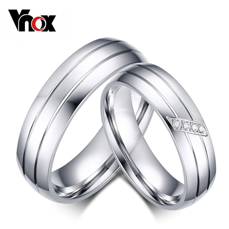 Vnox Fashion Wedding Rings Stainless Steel Ring Female Male Promise Band Cubic Zirconia Couple Jewelry Sales Promotion