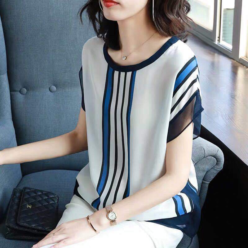 Blusas de chifón estilo Primavera Verano para mujer, camisa de manga corta con cuello redondo a rayas, blusas coreanas elegantes sueltas SP025
