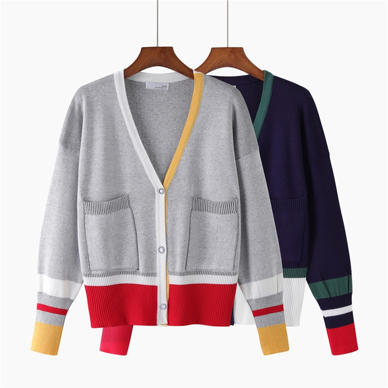 Cárdigan de diseñador de moda de alta calidad HLBCBG, suéteres de punto con botones de Color de contraste de manga larga de un solo pecho