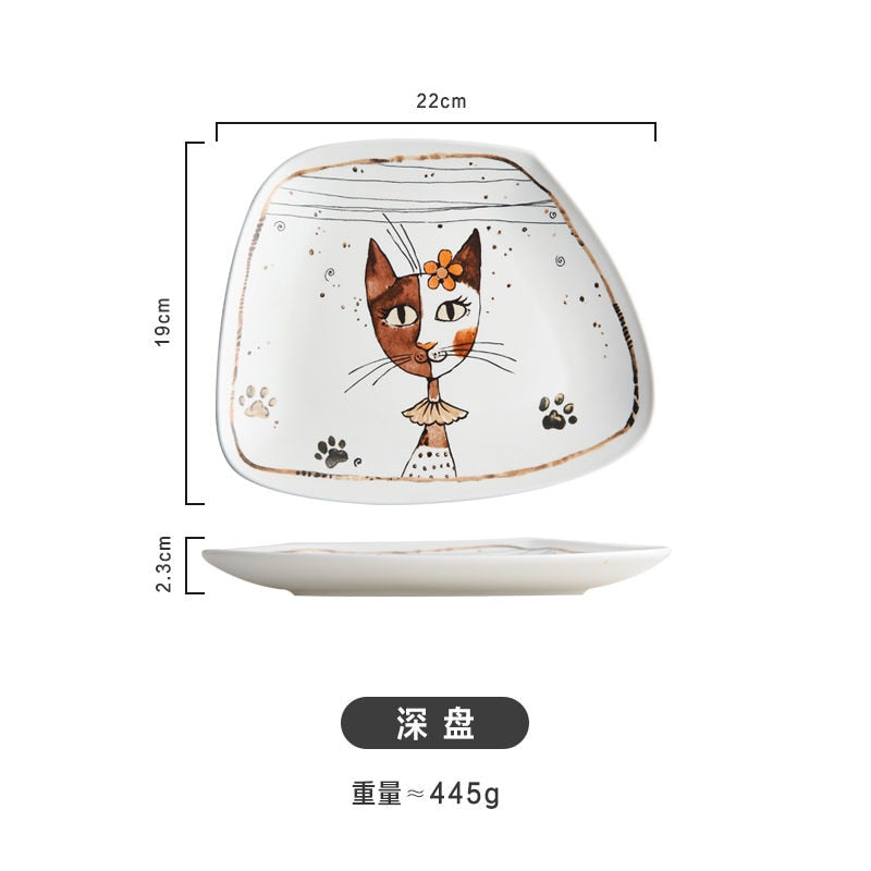 Cute Cartoon Cat Ceramic Tableware Household Soup Noodle Bowls Fruit Steak Food Plate Dishes Creative Porcelain Dinnerware