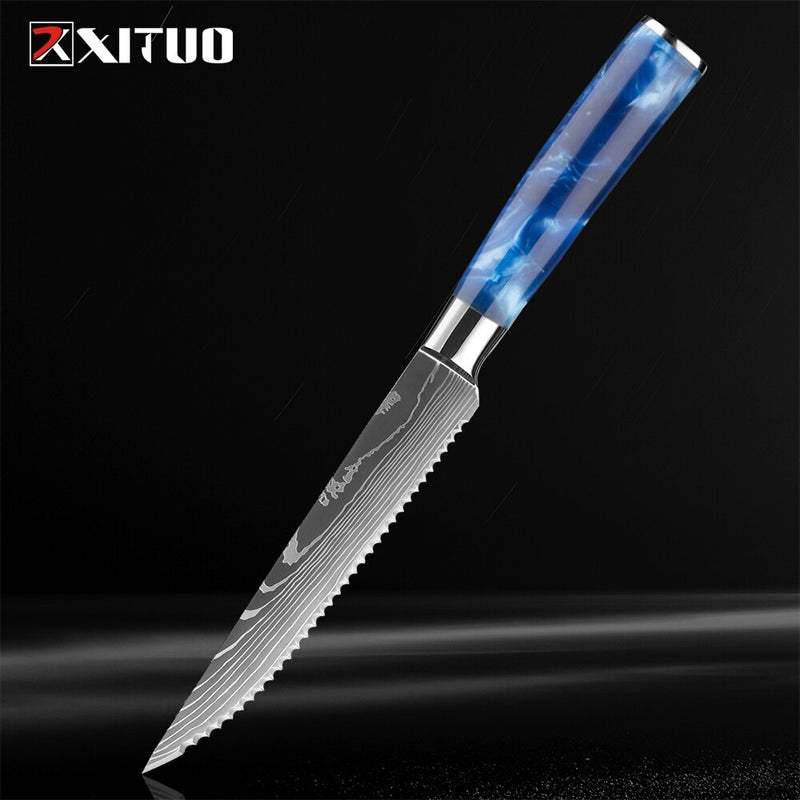 XITUO Steak Knife Set Damascus Pattern Stainless Steel Serrated Knife Beef Cleaver Multipurpose Restaurant Cutlery Table Knife