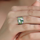 SANTUZZA Silver Rings For Women Genuine 925 Sterling Silver Green Bamboo leaves Luminous CZ Trendy Jewelry Handmade Enamel