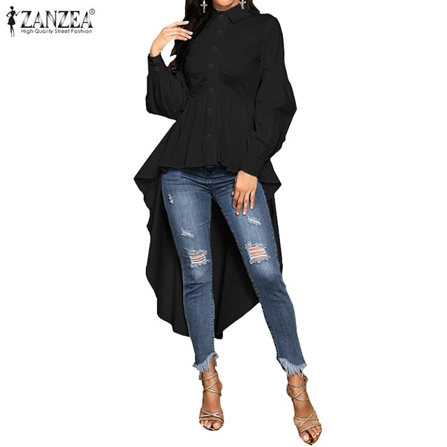 Mode Damen Rüschen Saum Shirt ZANZEA Elegant Revers Hals Schwalbenschwanz Shirts Solide Langarm Hohe Taille Tops Unregelmäßige Blusas