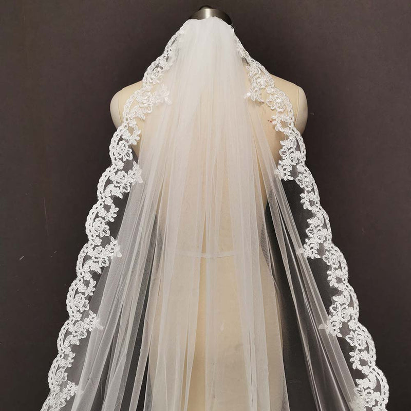 Real Photos Long Lace Bridal Veil with Comb 3.5 Meters 1 Layer Cathedral White Iovry Wedding Veil Wedding Accessories 2020
