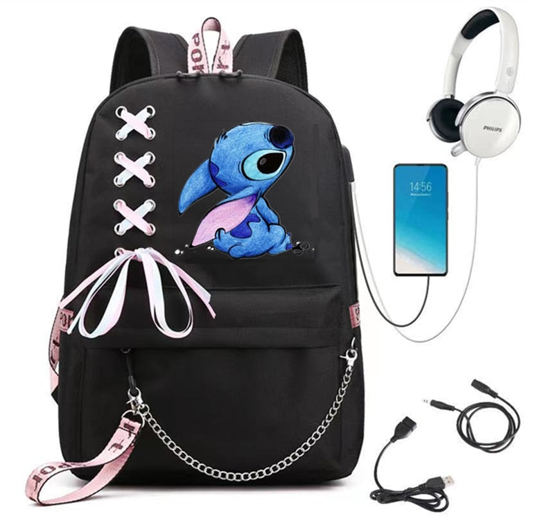 Disney Kawaii Stitch Bag Zipper USB Charging Mochila Capacity Backpack Women Kpop School Bags for Teenage Girls Students