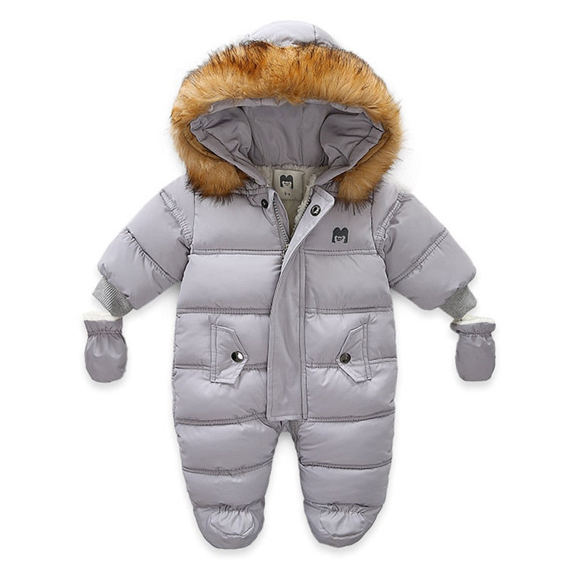 Children Winter Jumpsuit Fur Hood Baby Girl Boy Snowsuit Russian Winter Infant Outerwear Ovealls Baby Thick Rompers with Gloves
