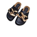 SUOJIALUN  New Brand Design Gold Chain Women Slipper Closed Toe Slip On Mules Shoes Round Toe Low Heels Casual Slides Flip Flop