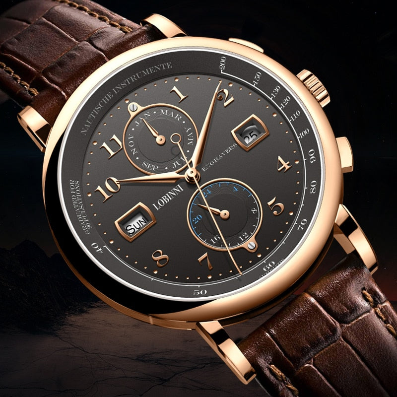 Reloj de negocios LOBINNI de marca superior de lujo de moda para hombre de cuero resistente al agua 50M reloj de pulsera mecánico masculino con relojes de visualización de fecha