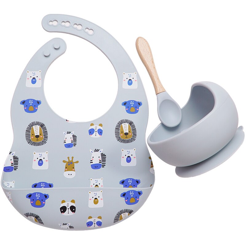 Colorful Silicone Spoon With Wooden Handle Hot Selling Baby sucker Bowl Waterproof Adjustable Baby Bibs Print Saliva Towel.