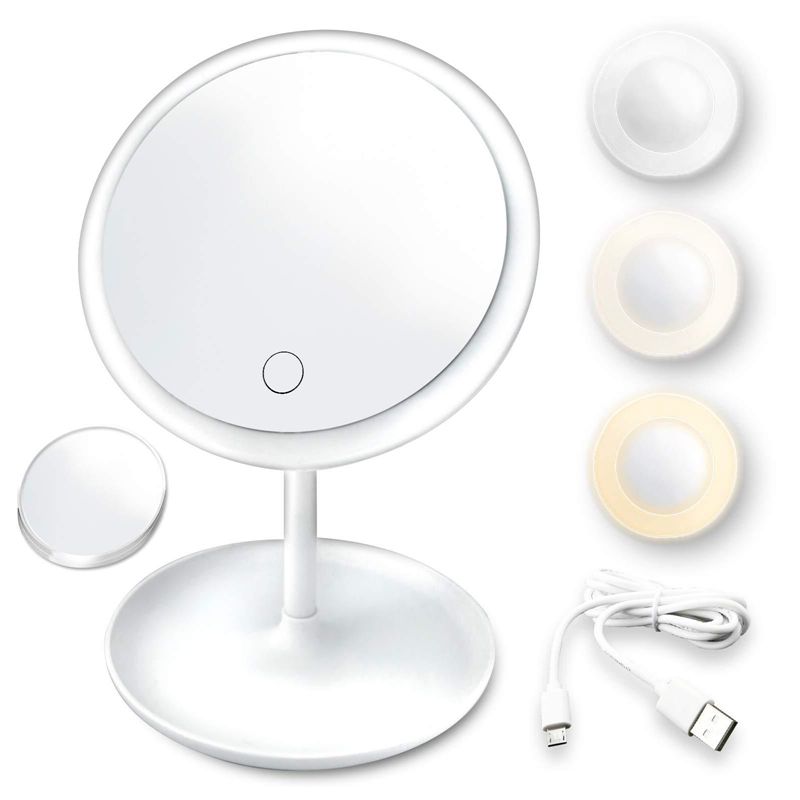 LED Makeup Mirror With Light Lamp With Storage Desktop Rotating Cosmetic Mirror Light Adjustable Dimming USB  Vanity Mirror