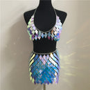 Glisten Rhombic Sequins Two Piece Set Hollow Out Metal Chain Crop Tops Sexy Mini Skirt Summer Rave Festival Lady Outfits