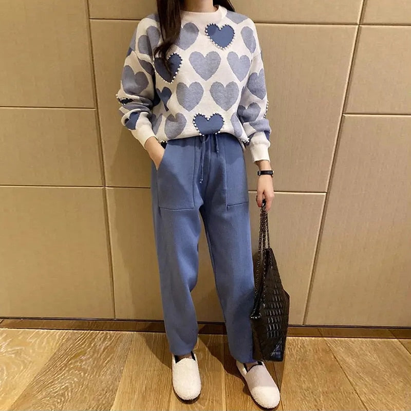 Fashion Love printed knitted two peice suit women long sleeve sweater tops and solid colors casual pants female korean suit